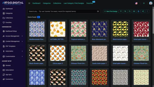 Cloud textile design storage with fast search, favorites, and PDF export on ArtGo.Digital PDM/DAM