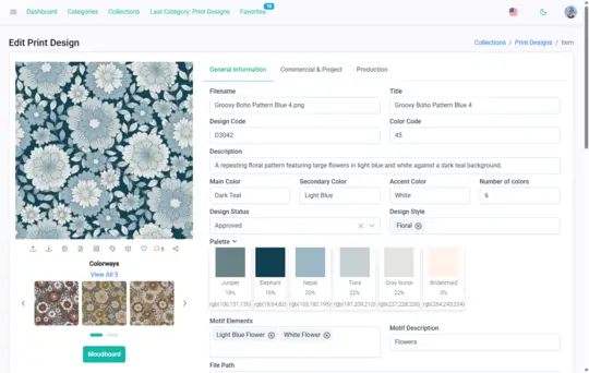 Cloud textile design storage with fast search, favorites, and PDF export on ArtGo.Digital PDM/DAM