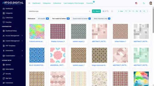 Cloud textile design storage with fast search, favorites, and PDF export on ArtGo.Digital PDM/DAM